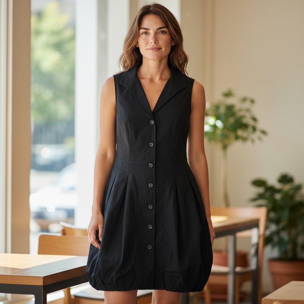 Lafayette 148 New York Black Cotton Blend Button Front Bubble Hem Dress Size 8